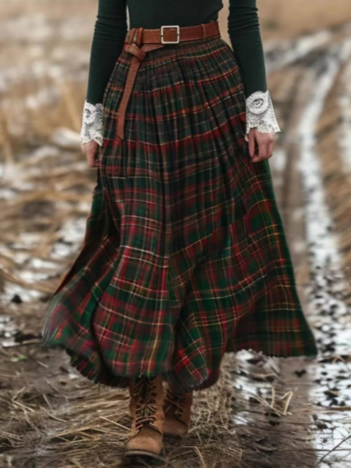 Plaid Maxi Dress with Lace Trim