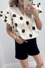 Casual Polka Dot V-Neck Ruffle Short Sleeve Blouse