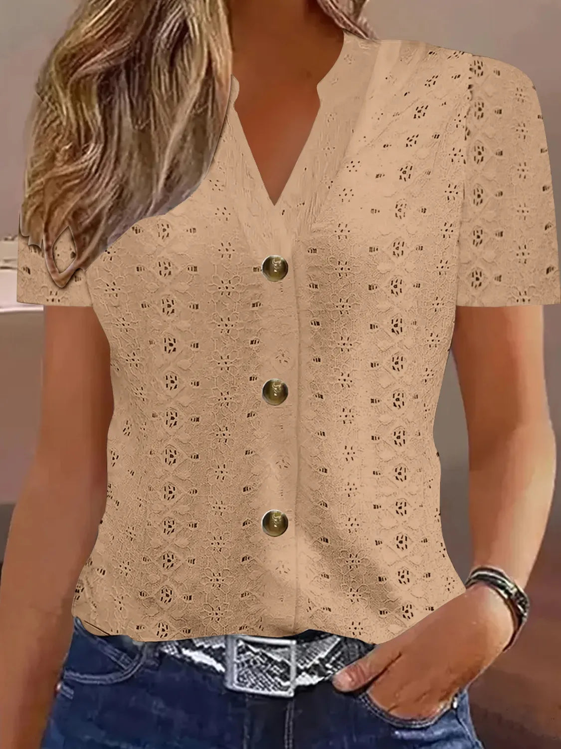 Openwork Notched Short Sleeve Top