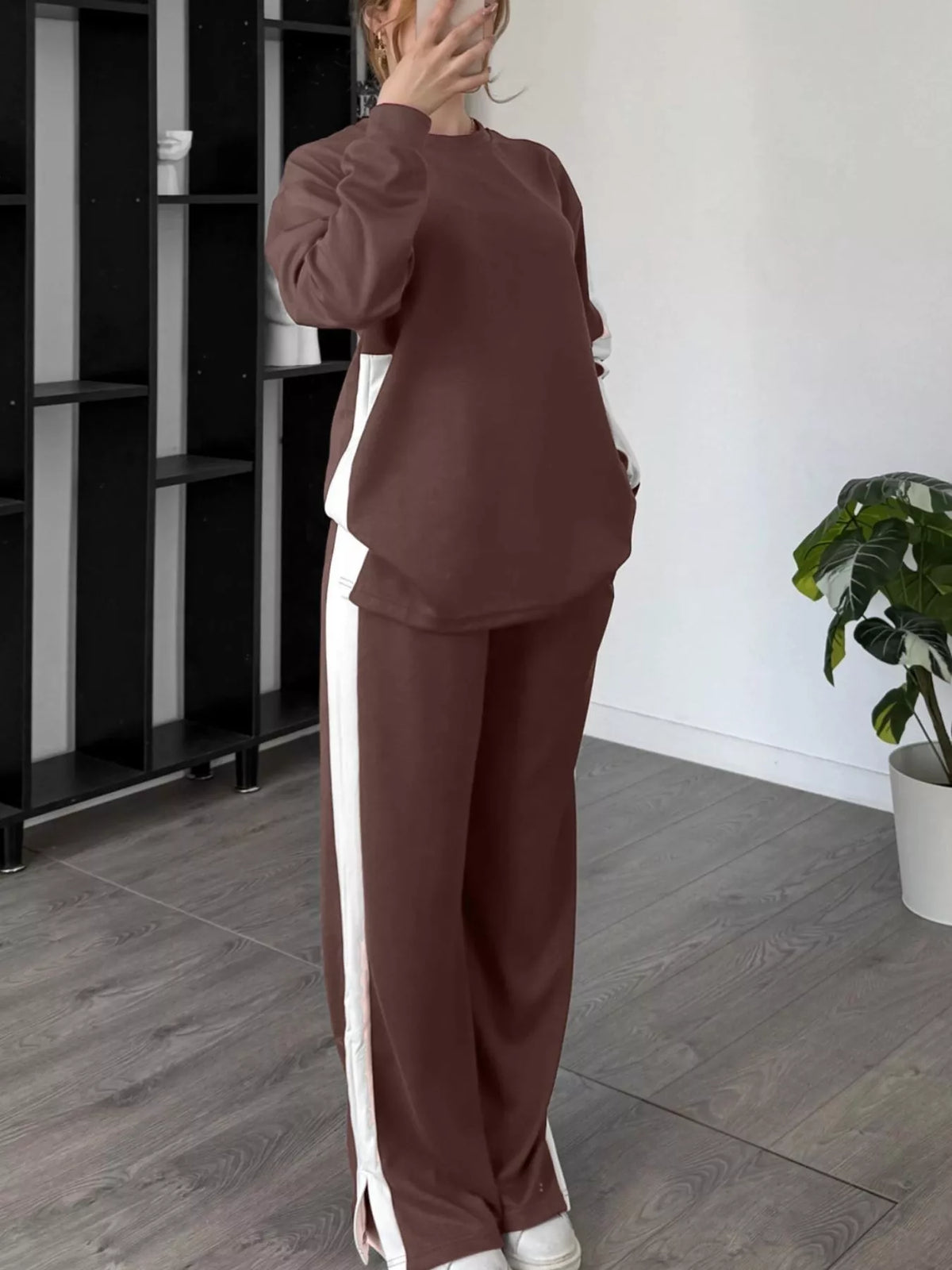 Full Size Contrast Round Neck Top and Pants Set Plus Size