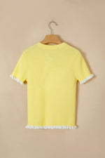 Ribbed Knit Contrast Frilled Short Sleeve Sweater Cardigan