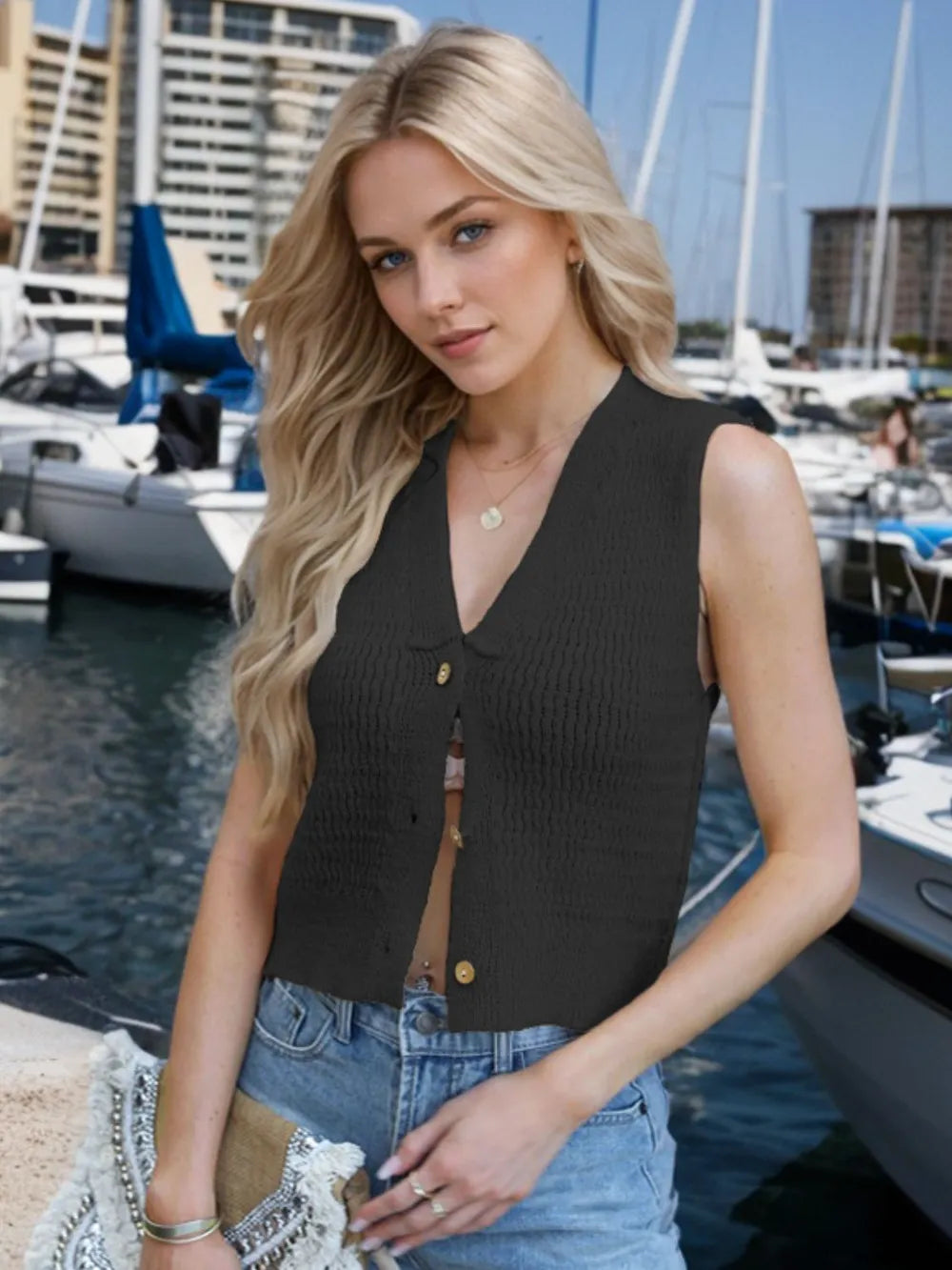 Button Down V-Neck Sweater Vest