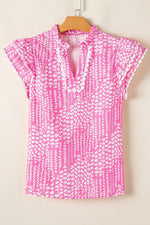 Abstract Print Ric Rac Trim Flutter Sleeve Notched Blouse