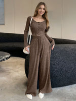 Casual Knit Long Sleeve Top and Wide Leg Pants Set
