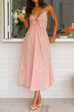 Smocked Back Striped Sleeveless Midi Dress