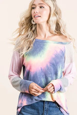 BiBi Tie Dye Terry Top With Color Block Pointelle Knit