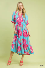 Umgee Floral Print Midi Dress with Contrast Trim