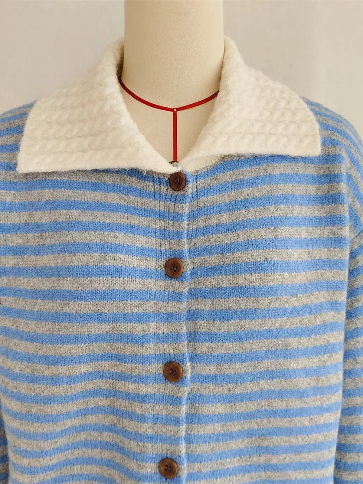 Striped Knit Button Down Cardigan with Collar