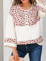 Floral Print Henley Button 3/4 Sleeve Blouse