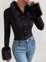 Faux Fur Trim Ribbed Knit Cropped Cardigan