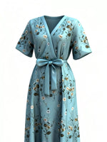 Floral Print Half Sleeve Maxi Dress with Pockets