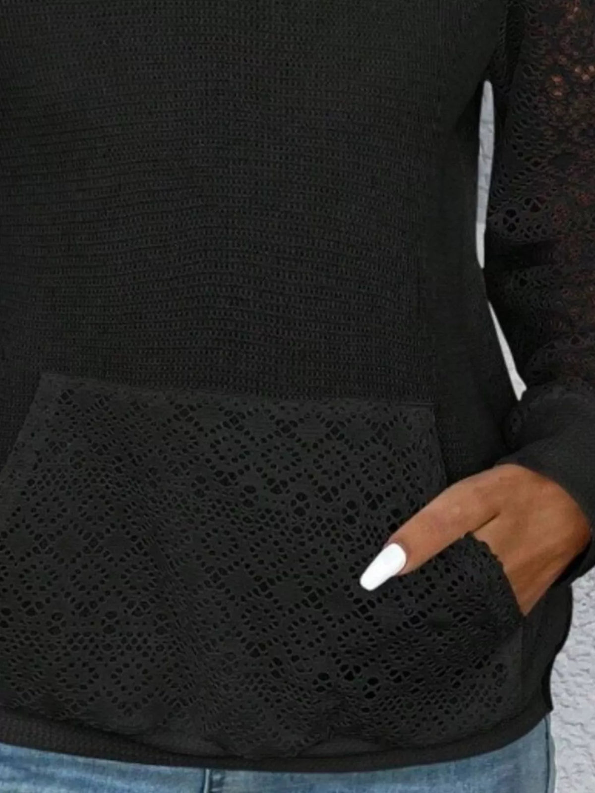 Lace Sleeve Kangaroo Pocket Hoodie