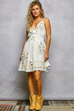 POL V-Neck Embroidered Tassel Smocked Waist Mini Dress