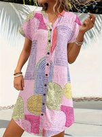 Geometric V-Neck Short Sleeve Button-Front Dress