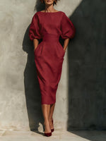 Round Neck Puff Sleeves Midi Dress
