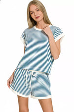 Zenana Stripe Contrast Trim Top & Shorts Set