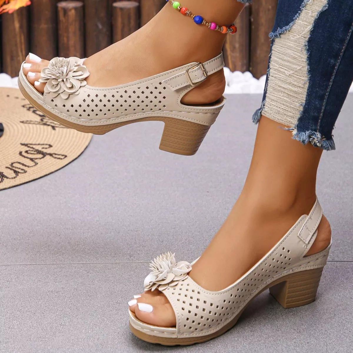 Floral Accent Block Heel Sandals