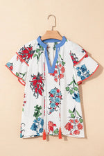 Floral Print Contrast Tassel Tie Short Sleeve Blouse