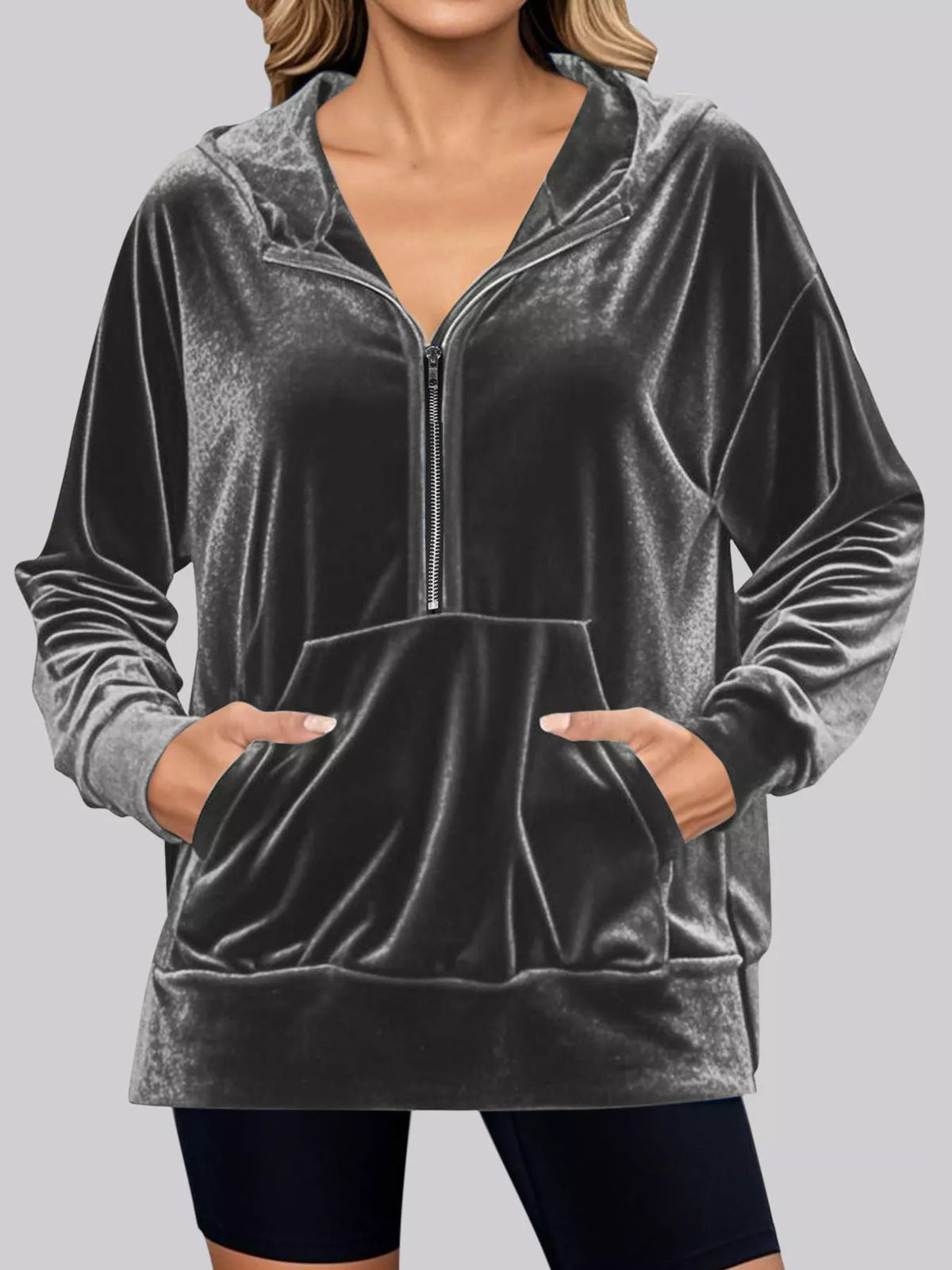 Full Size Velvet Half Zip Hoodie with Kangaroo Pocket Plus Size