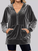 Full Size Velvet Half Zip Hoodie with Kangaroo Pocket Plus Size