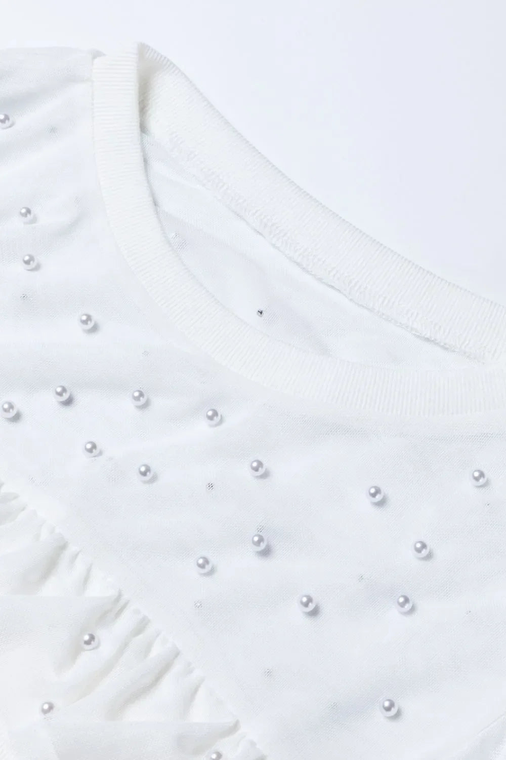 Pearl Decor Mesh Patchwork Ribbed Long Sleeve Top