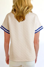 Striped Trim Textured Quarter Zipper Short Sleeve Top