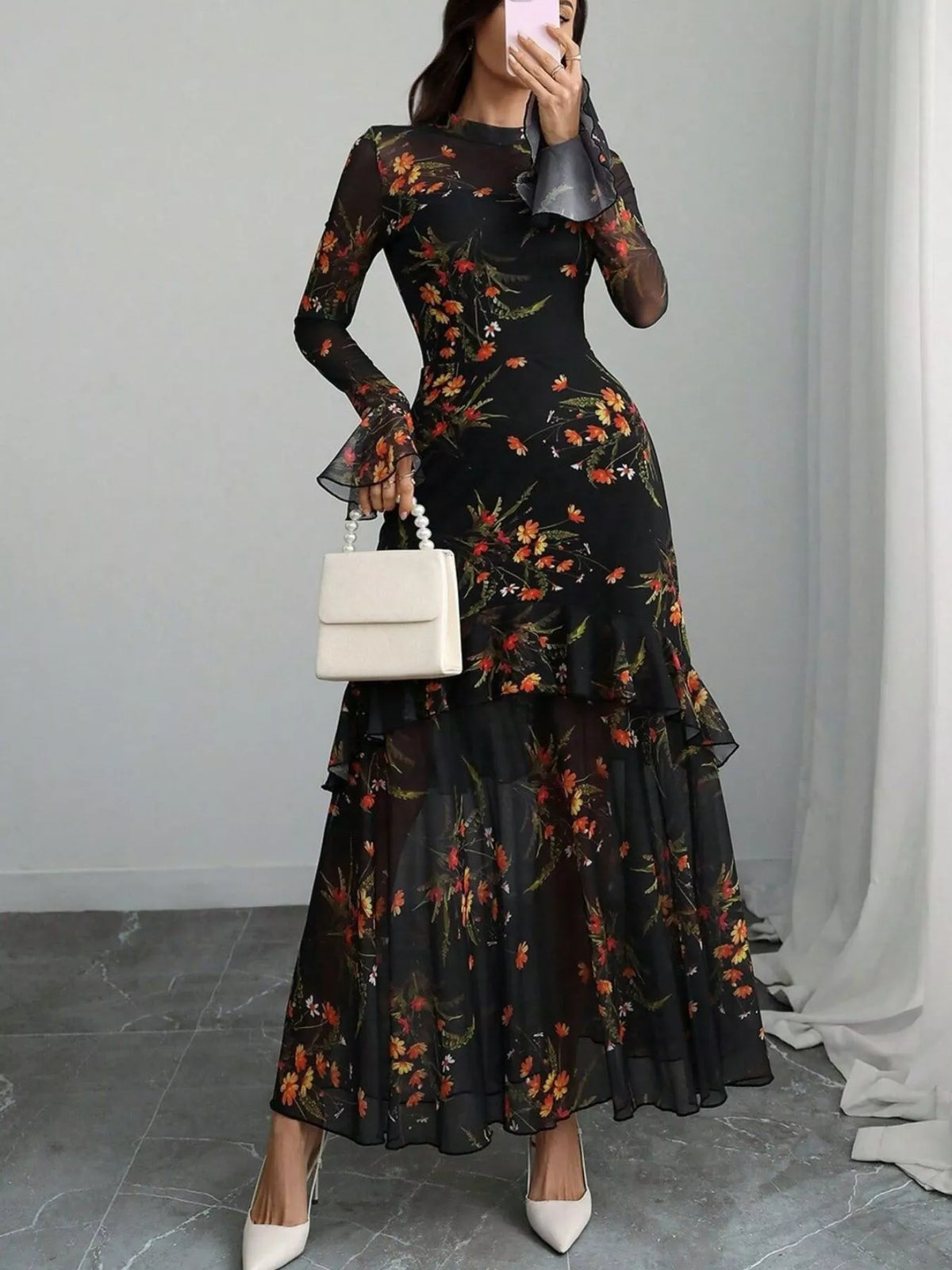Floral Print Flounce Sleeve Mermaid Maxi Dress