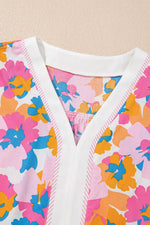 Floral Striped Edge V Neck Knotted Short Sleeve Blouse
