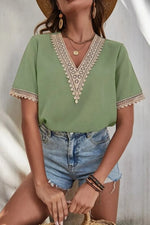 Full Size Lace Detail V-Neck Short Sleeve Blouse Plus Size