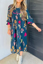 Floral Print Gathered Neckline 7/8 Sleeve Casual Midi Dress