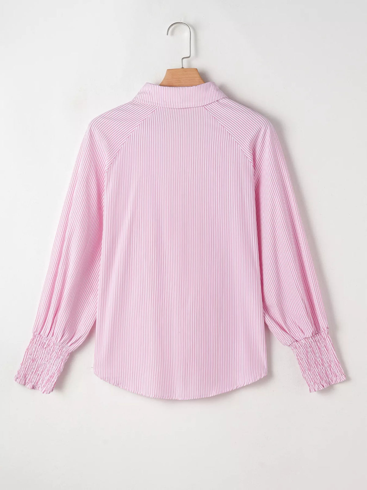 Pinstripe Long Sleeve Smocked Cuffs Button Shirt Collar Blouse