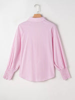 Pinstripe Long Sleeve Smocked Cuffs Button Shirt Collar Blouse