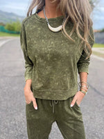 Full Size Washed Round Neck Top and Drawstring Pants Set Plus Size