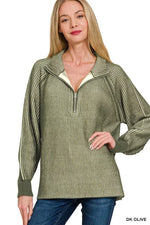 Zenana Ribbed Two Tone Half Zip Sweater