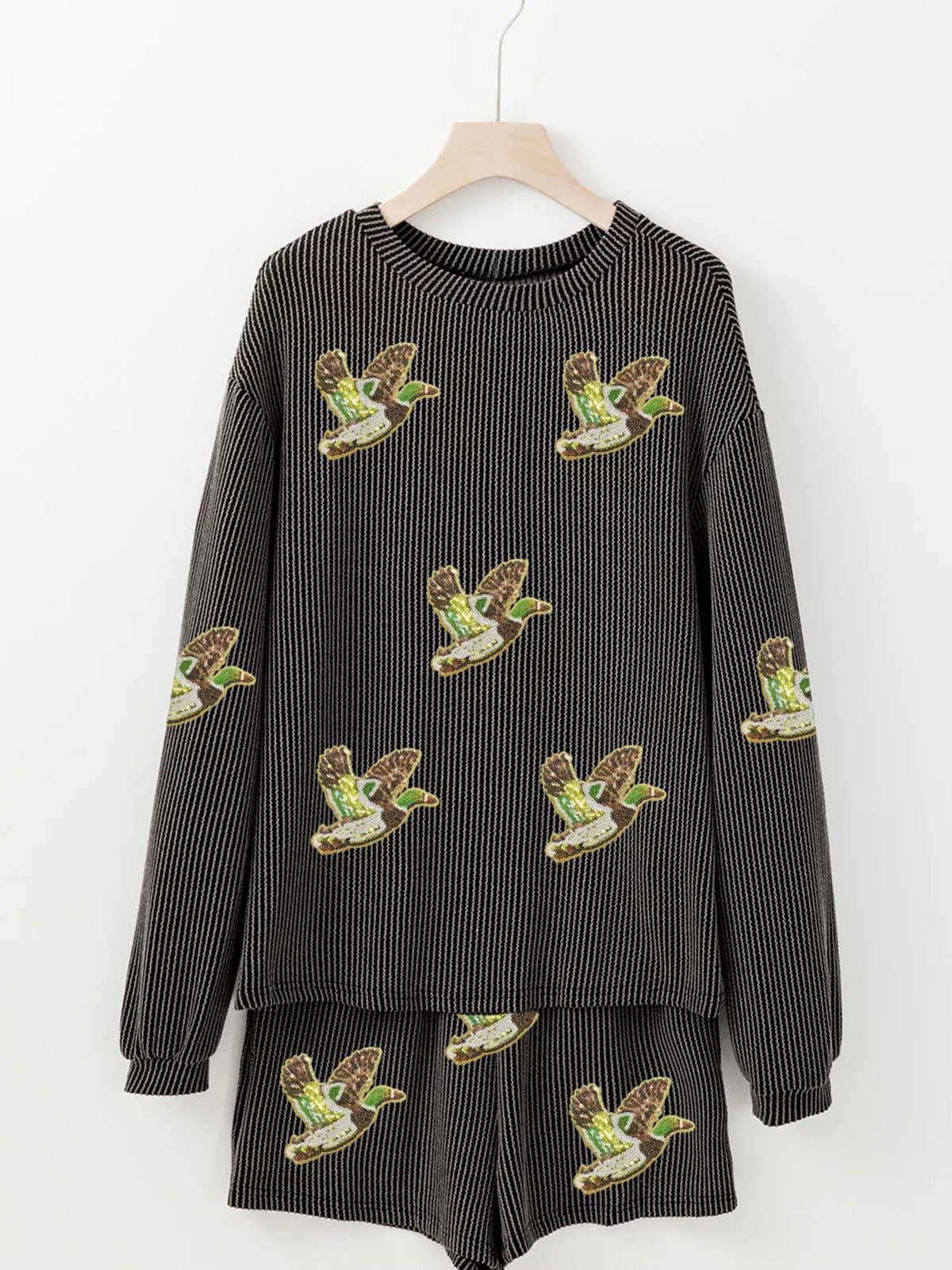 Flying Mallard Sequin Patched Ribbed Long Sleeve Top and Shorts Set