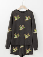 Flying Mallard Sequin Patched Ribbed Long Sleeve Top and Shorts Set