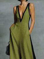 Deep V-Neck Wide-Leg Jumpsuit with Contrast Trim
