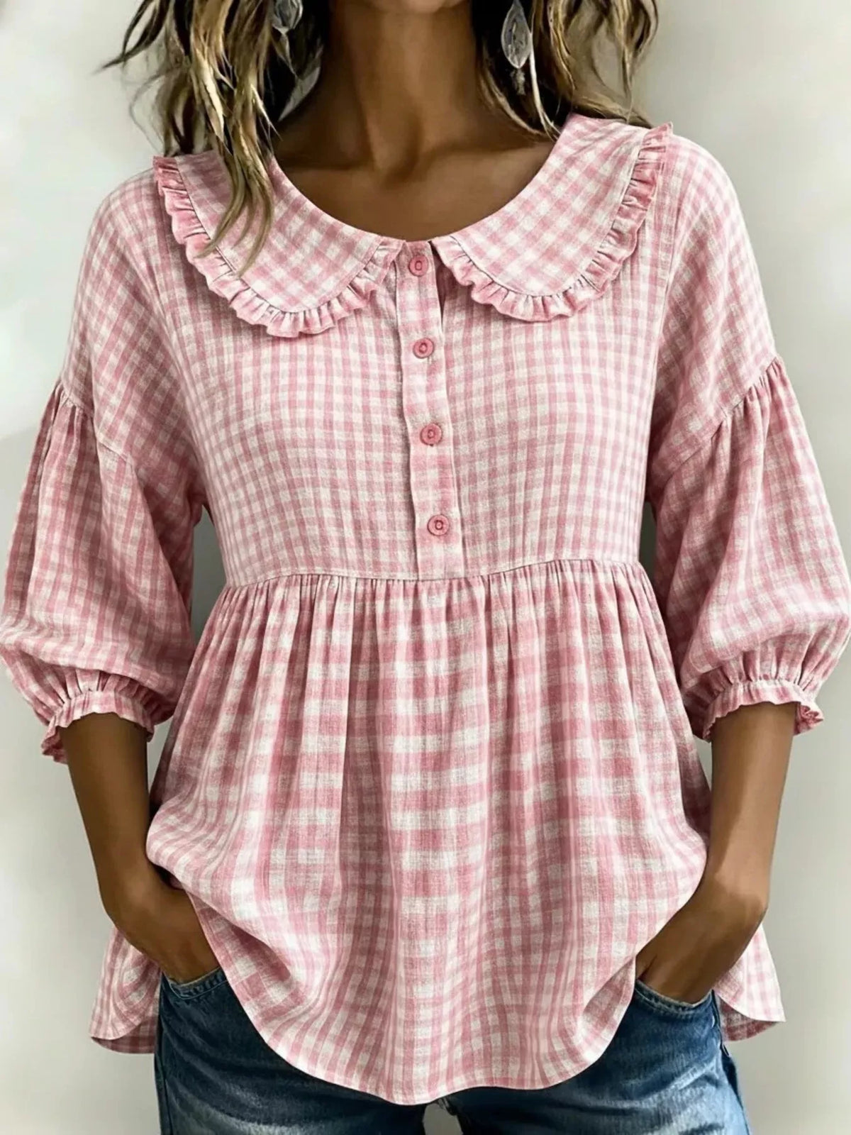 Full Size Gingham Peter Pan Collar Blouse Plus Size