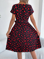 Heart Print Short Sleeve Tie Waist Dress