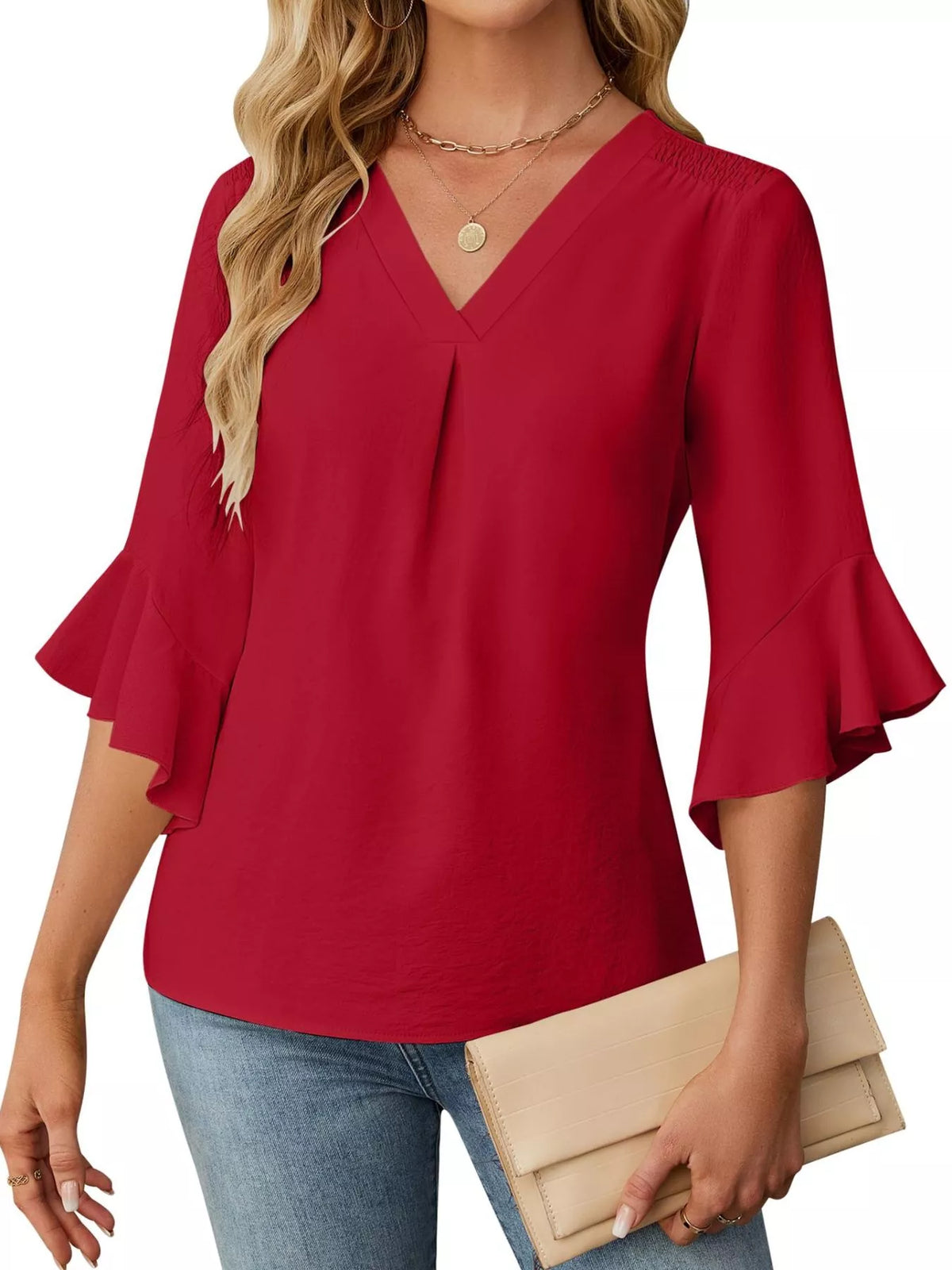 V-Neck Ruffle Sleeve Blouse