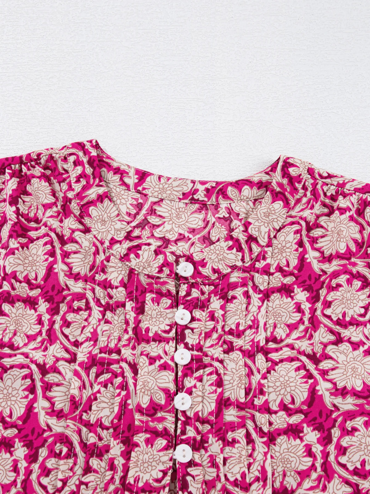 Floral Print Split Neck Pleated Long Sleeve Blouse