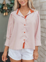 Stripe Color Block Patchwork Detail Frilled Collar Button Down Shirt