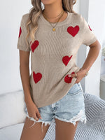 Heart Round Neck Short Sleeve Knit Top