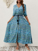 Paisley Print Half Sleeve Slit Midi Dress