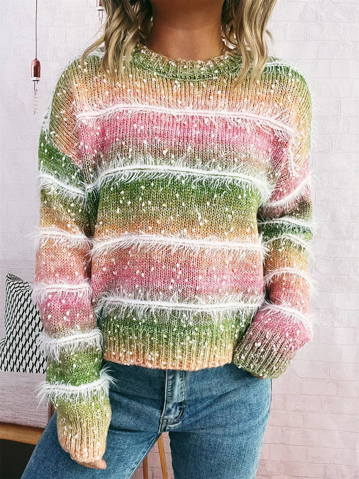 Gradient Striped Round Neck Sweater
