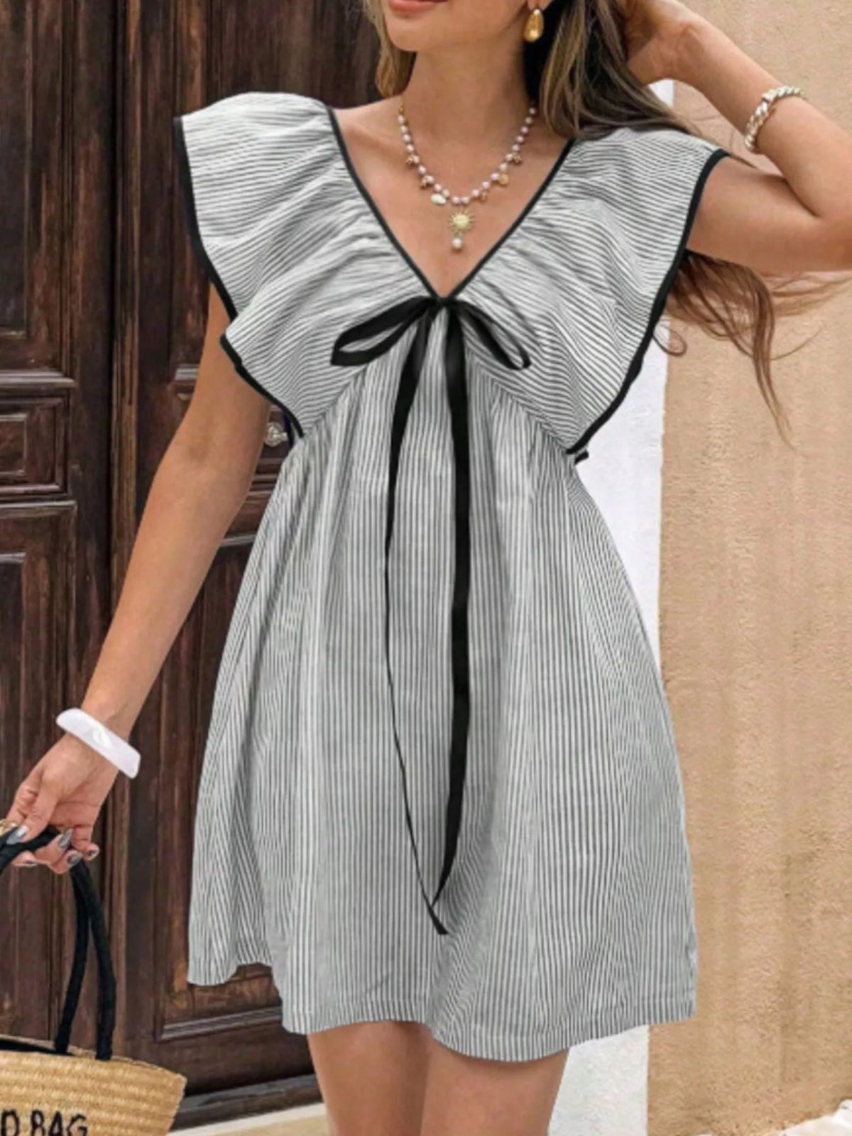 Striped Ruffle Sleeve Mini Dress