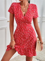 Printed Ruffled Hem V-Neck Short Sleeve Mini Dress