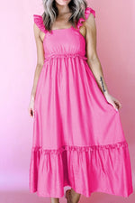 Solid Color Ruffle Trim High Waist Sleeveless Maxi Dress