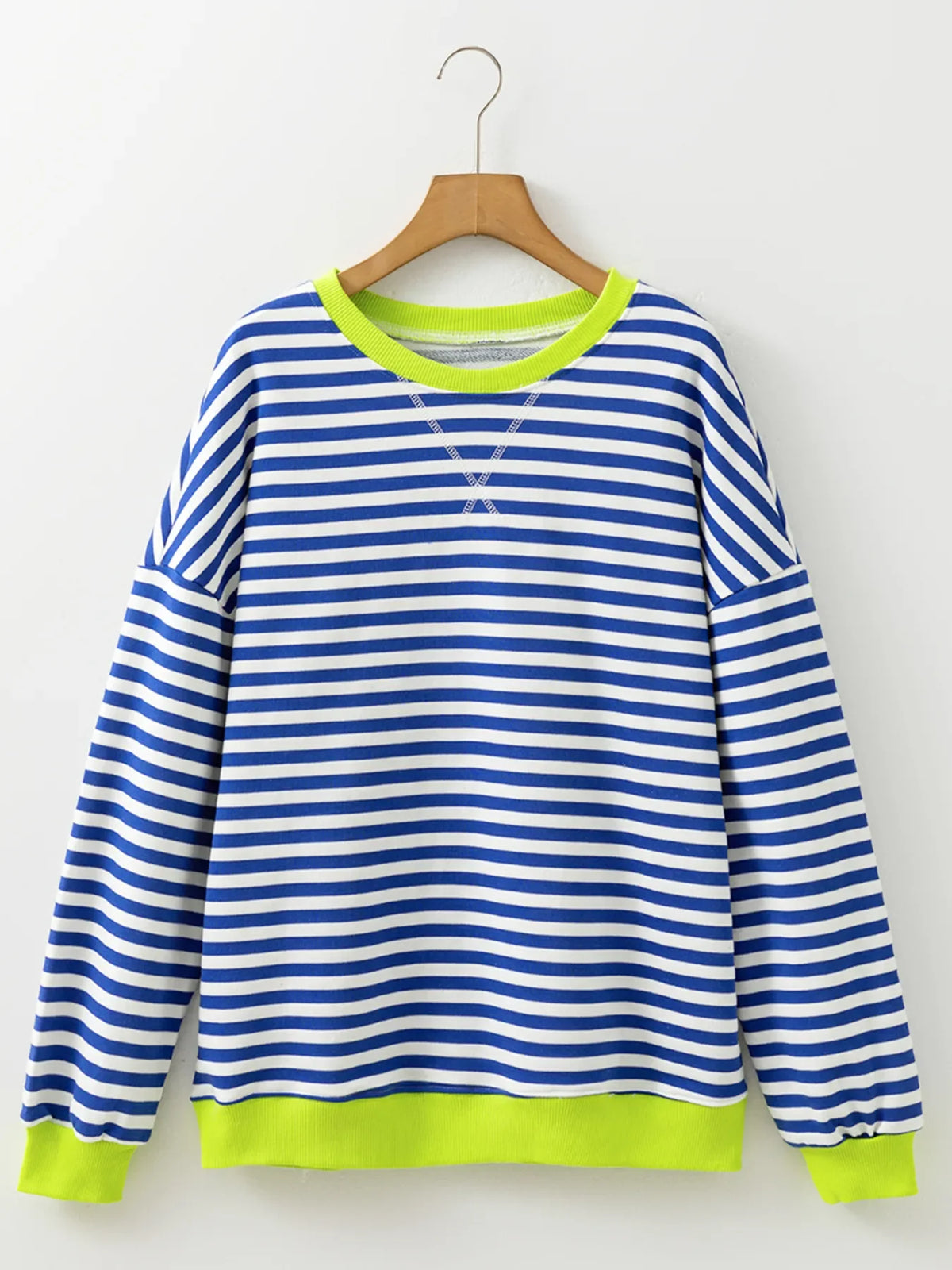 Striped Contrast Ribbed Trim Drop Shoulder Sweatshirt