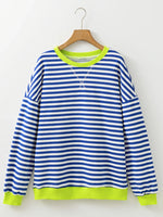 Striped Contrast Ribbed Trim Drop Shoulder Sweatshirt
